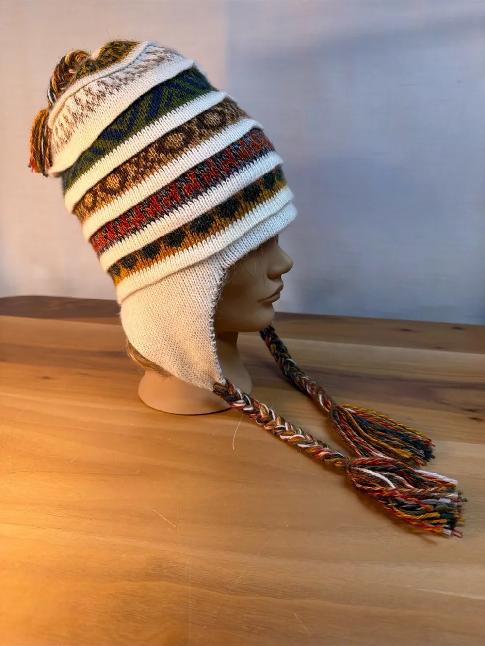 Soft Baby Alpaca Reversible Chullo Beanie Hat Beige Unisex Colorful Boho Peru